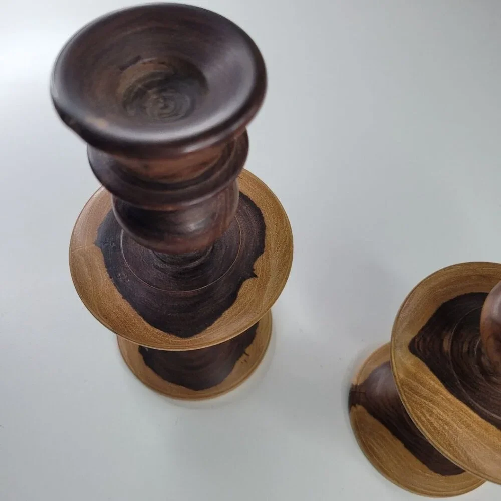 Wooden Candlestick Holders Tapered Solid Grain Two Tone Turned Pair Set 6.5 Inch